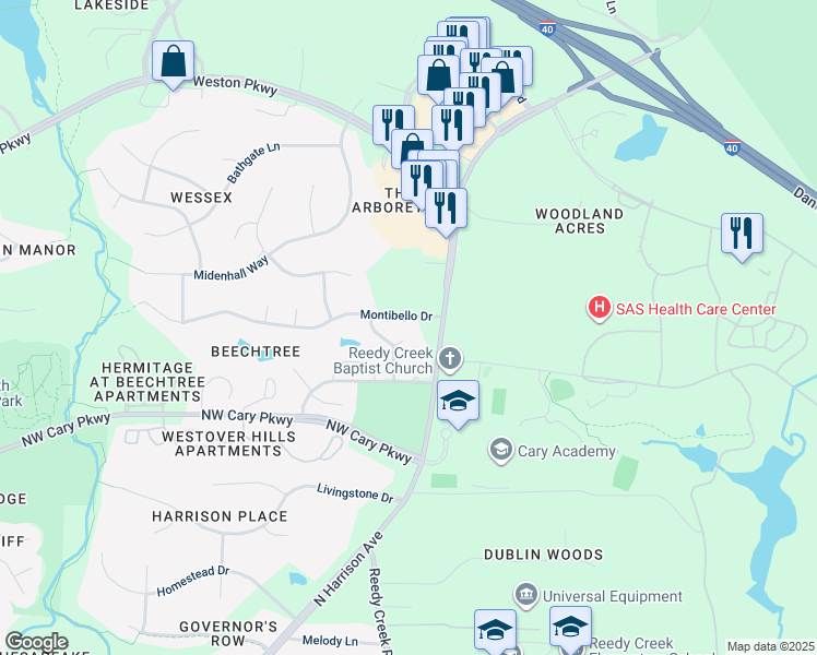 map of restaurants, bars, coffee shops, grocery stores, and more near 109 Montibello Drive in Cary