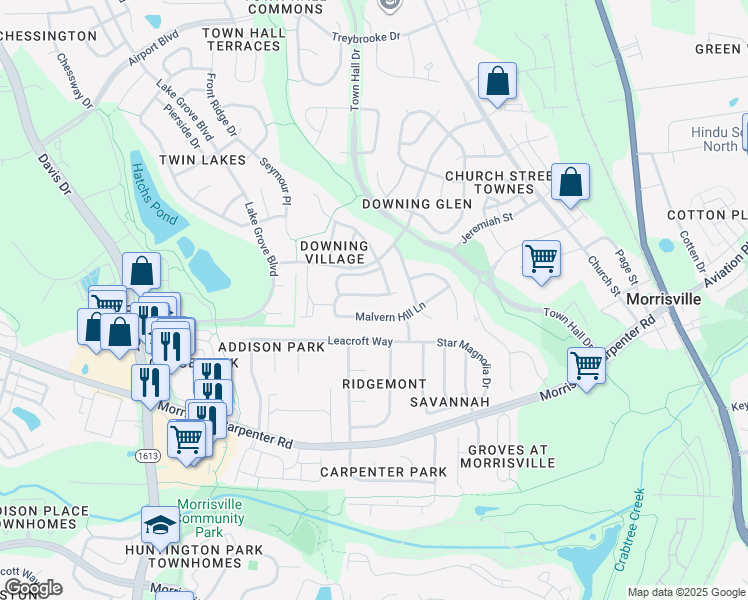 map of restaurants, bars, coffee shops, grocery stores, and more near 552 Writers Way in Morrisville