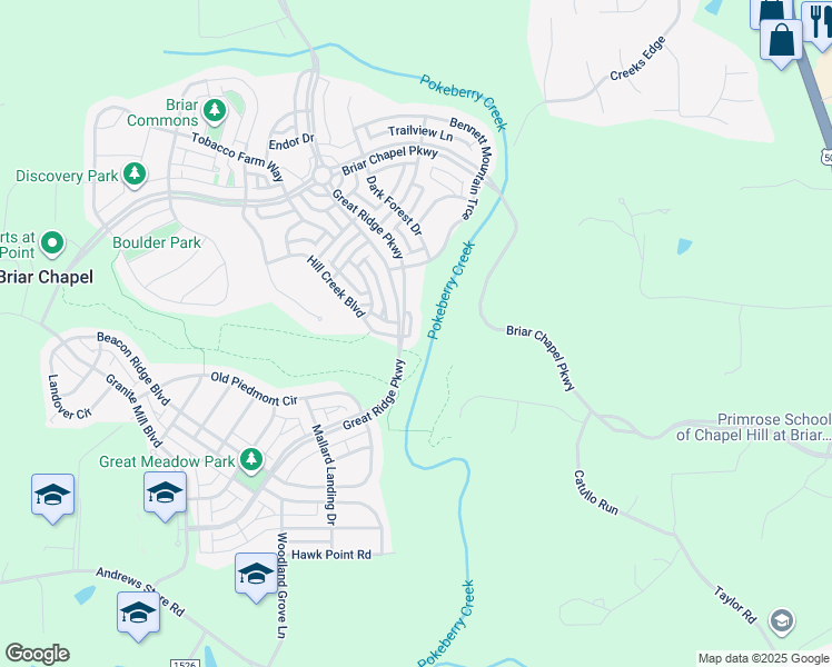 map of restaurants, bars, coffee shops, grocery stores, and more near 71 Turtle Point Bend in Chapel Hill