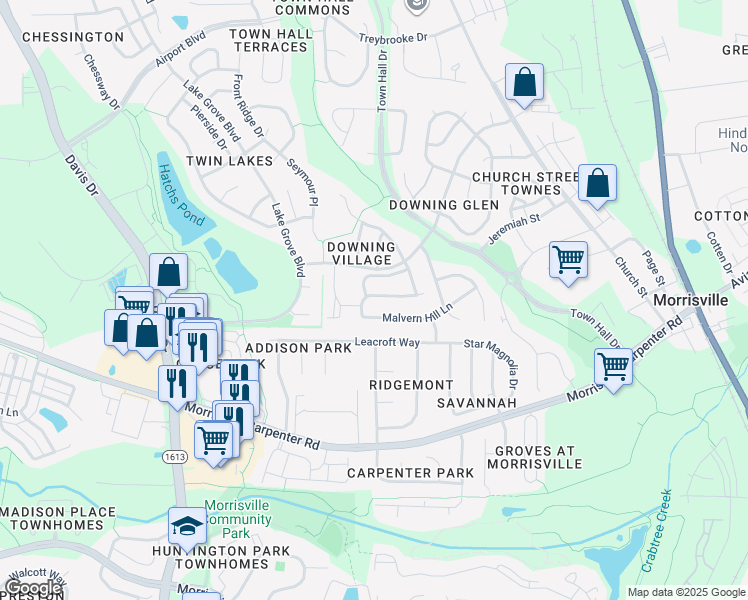 map of restaurants, bars, coffee shops, grocery stores, and more near 314 Malvern Hill Lane in Morrisville
