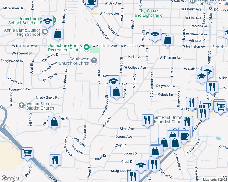 map of restaurants, bars, coffee shops, grocery stores, and more near 1001 Rosemond Avenue in Jonesboro