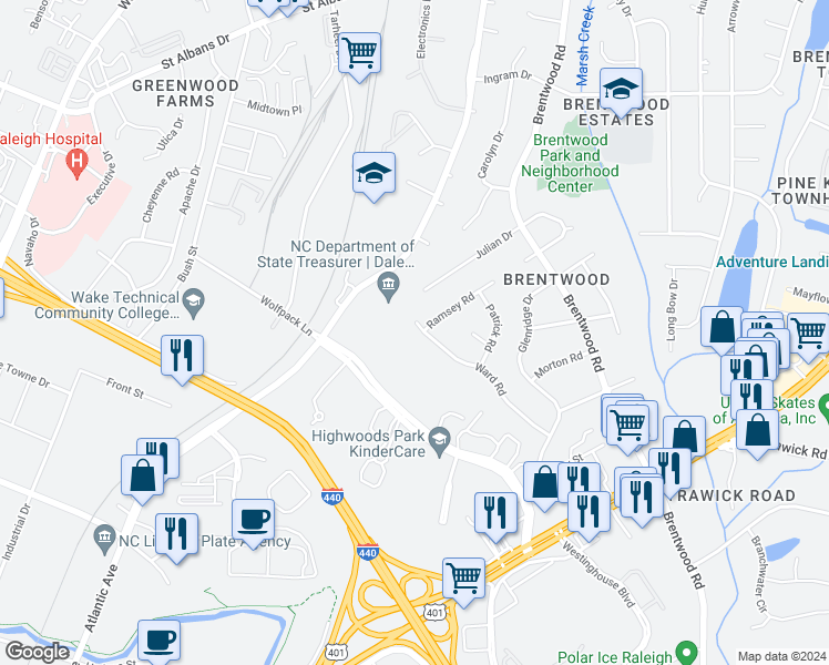 map of restaurants, bars, coffee shops, grocery stores, and more near 3301 Ward Road in Raleigh