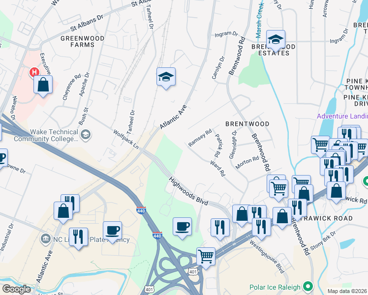 map of restaurants, bars, coffee shops, grocery stores, and more near 3301 Ward Road in Raleigh