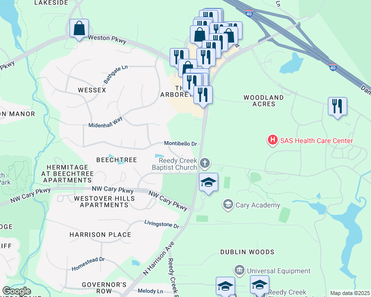 map of restaurants, bars, coffee shops, grocery stores, and more near 109 Montibello Drive in Cary