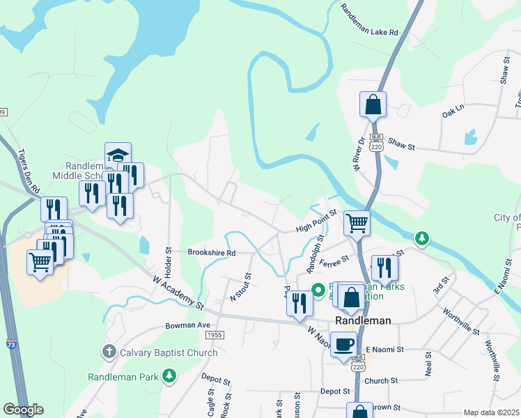 map of restaurants, bars, coffee shops, grocery stores, and more near 414 High Point Street in Randleman