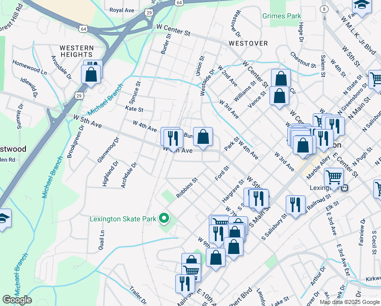 map of restaurants, bars, coffee shops, grocery stores, and more near 511 West 5th Avenue in Lexington