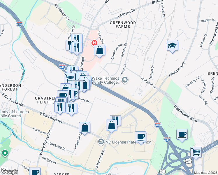 map of restaurants, bars, coffee shops, grocery stores, and more near 1203 Front Street in Raleigh