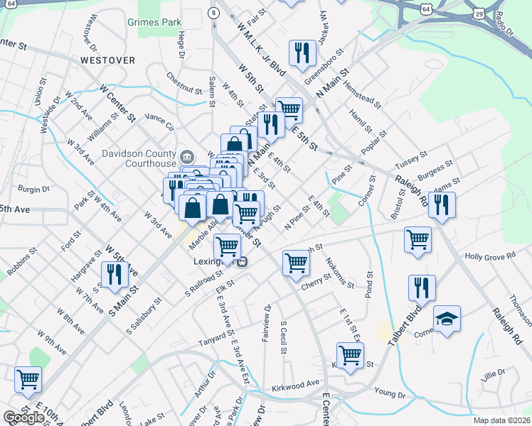 map of restaurants, bars, coffee shops, grocery stores, and more near 205 East 1st Street in Lexington