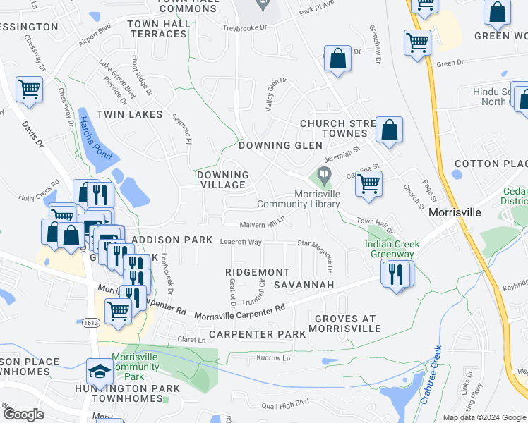 map of restaurants, bars, coffee shops, grocery stores, and more near 570 Writers Way in Morrisville
