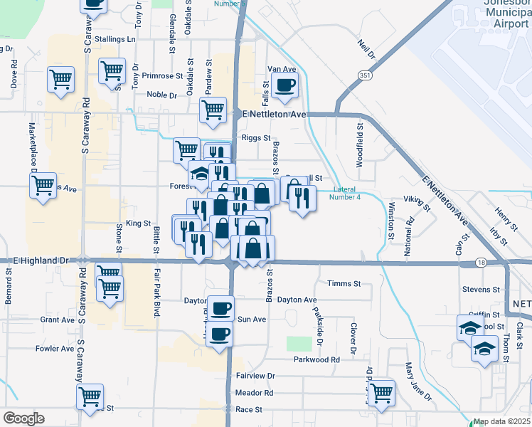 map of restaurants, bars, coffee shops, grocery stores, and more near 3000 East Highland Drive in Jonesboro