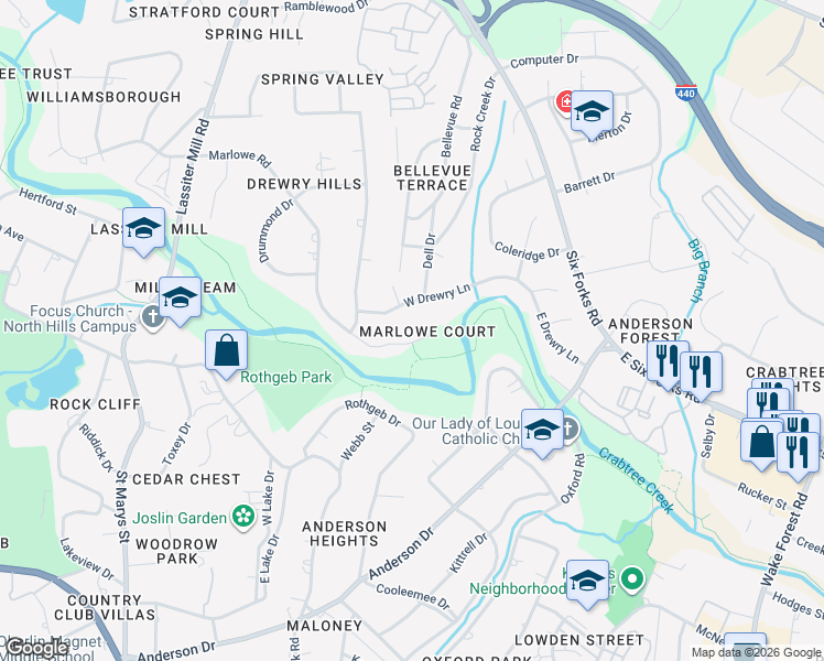 map of restaurants, bars, coffee shops, grocery stores, and more near 308 Marlowe Road in Raleigh