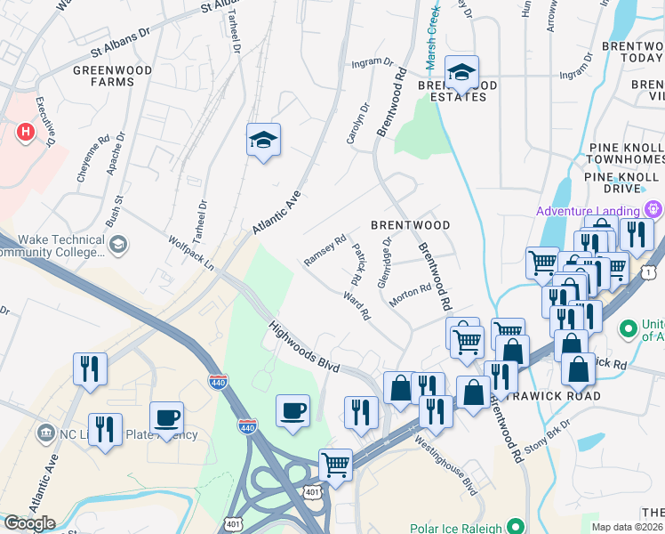 map of restaurants, bars, coffee shops, grocery stores, and more near 3208 Fairforest Place in Raleigh