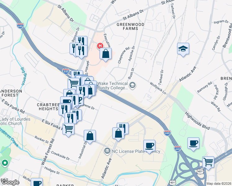 map of restaurants, bars, coffee shops, grocery stores, and more near 1203 Front Street in Raleigh