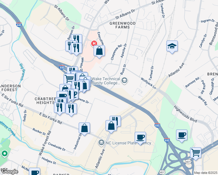 map of restaurants, bars, coffee shops, grocery stores, and more near 1621 Seminole Trail in Raleigh