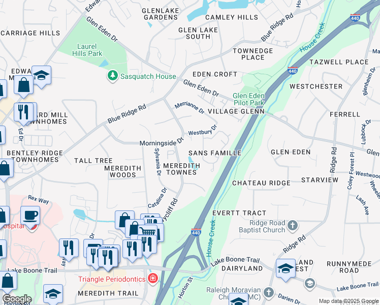 map of restaurants, bars, coffee shops, grocery stores, and more near 2947 Rue Sans Famille in Raleigh