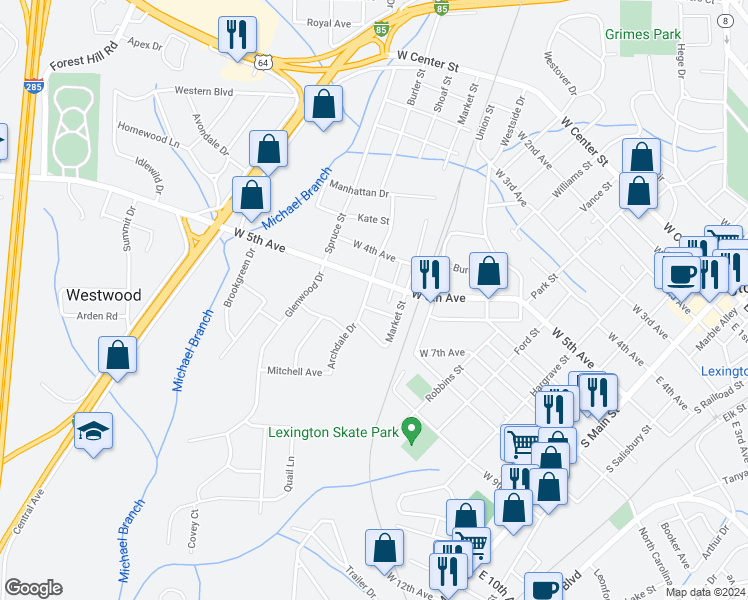 map of restaurants, bars, coffee shops, grocery stores, and more near 509 Shoaf Street in Lexington