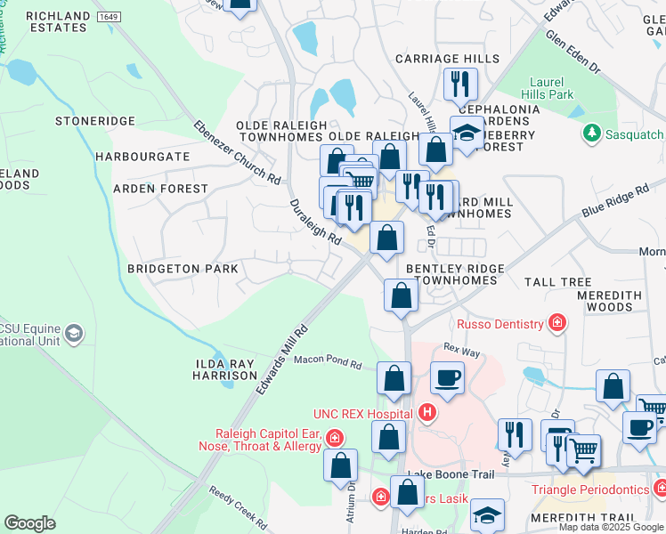 map of restaurants, bars, coffee shops, grocery stores, and more near 3010 Brook Mill Drive in Raleigh