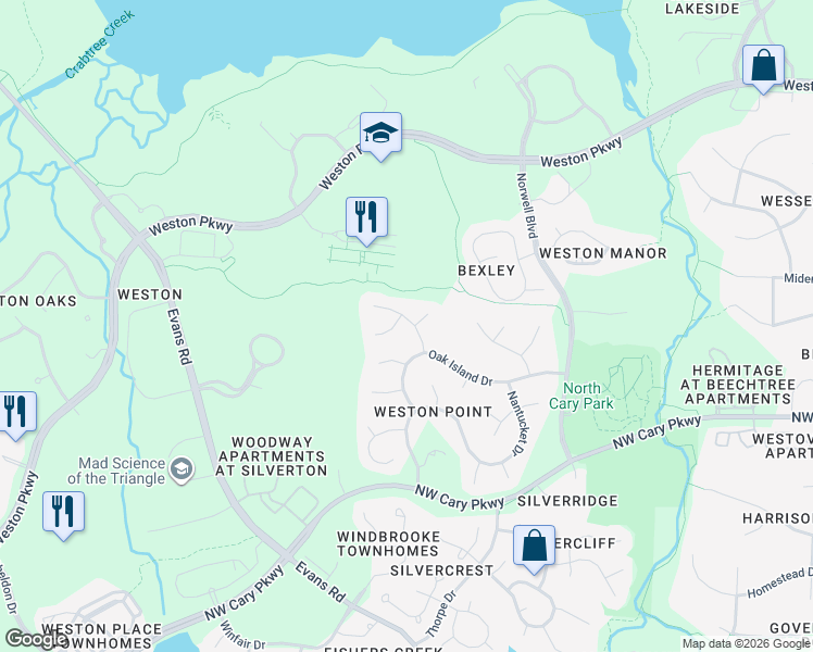 map of restaurants, bars, coffee shops, grocery stores, and more near 103 Sevenstone Drive in Cary