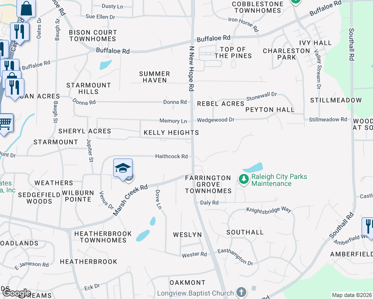 map of restaurants, bars, coffee shops, grocery stores, and more near 4016 Haithcock Road in Raleigh