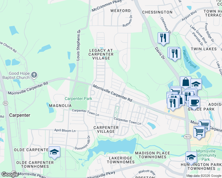 map of restaurants, bars, coffee shops, grocery stores, and more near 700 Revere Crossing Lane in Cary