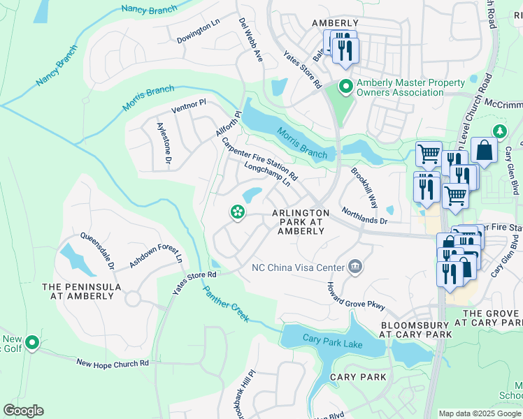 map of restaurants, bars, coffee shops, grocery stores, and more near 2002 Remington Oaks Circle in Cary