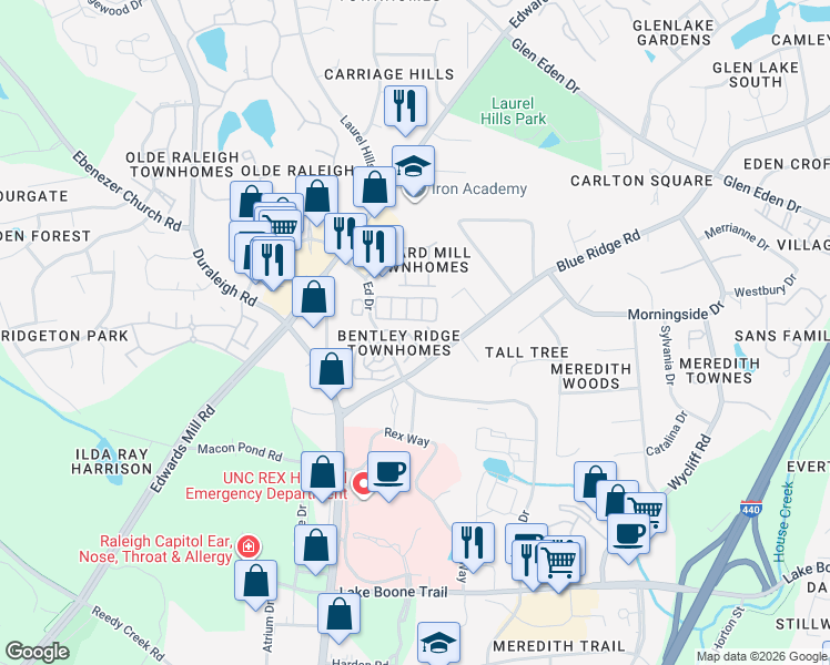 map of restaurants, bars, coffee shops, grocery stores, and more near 3924 Bentley Bridge Road in Raleigh