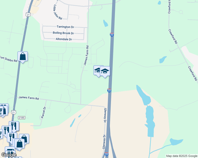 map of restaurants, bars, coffee shops, grocery stores, and more near 300 James Farm Road in Statesville