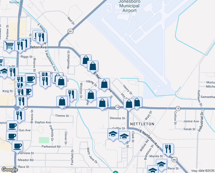 map of restaurants, bars, coffee shops, grocery stores, and more near 1819 Cain Street in Jonesboro