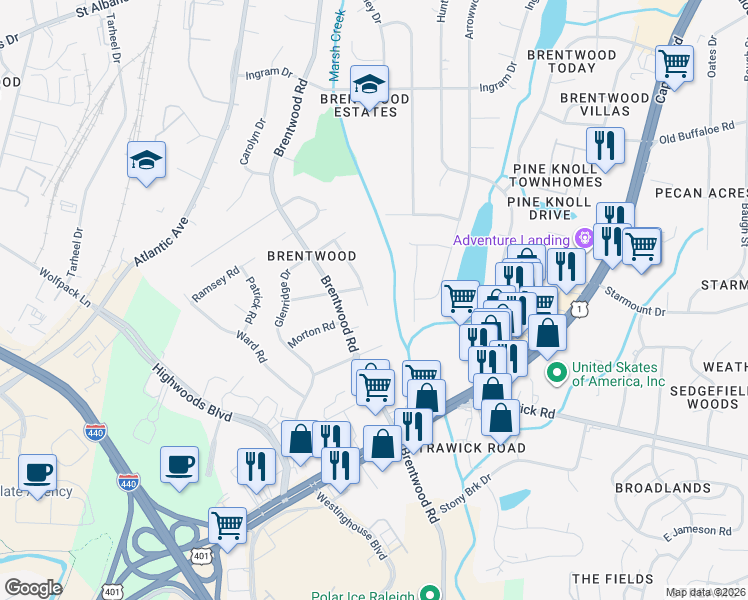 map of restaurants, bars, coffee shops, grocery stores, and more near 3100 Crandon Lane in Raleigh