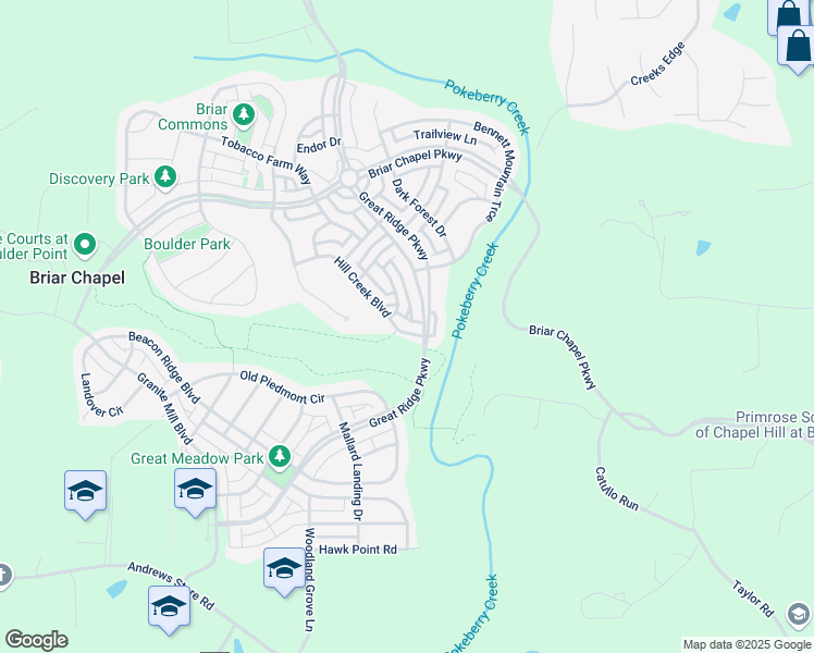map of restaurants, bars, coffee shops, grocery stores, and more near 46 Hill Creek Boulevard in Chapel Hill