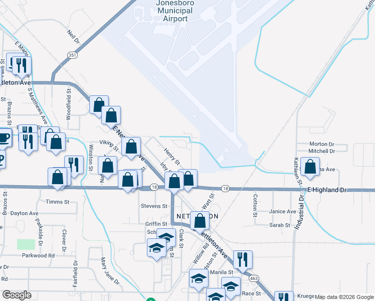 map of restaurants, bars, coffee shops, grocery stores, and more near 1711 Arch Street in Jonesboro