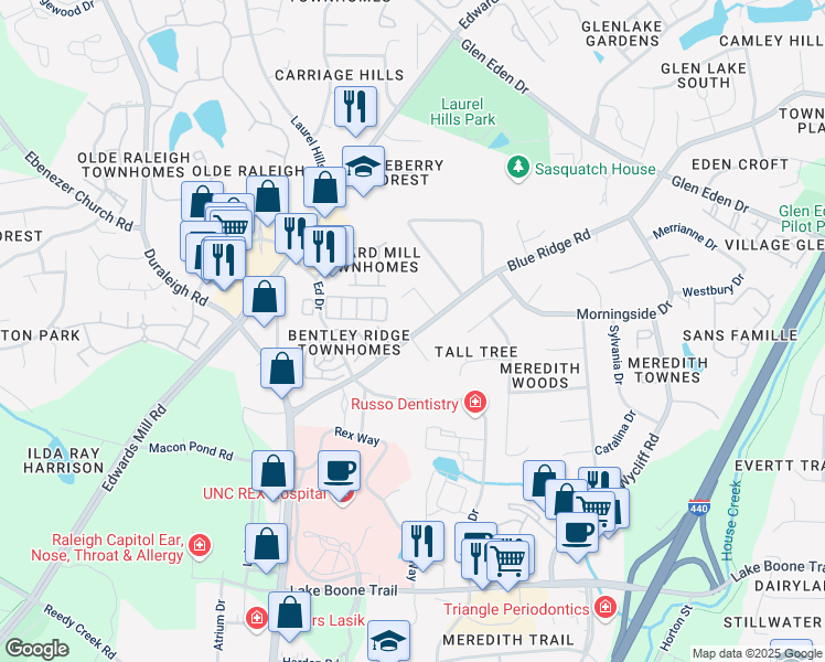 map of restaurants, bars, coffee shops, grocery stores, and more near 3225 Blue Ridge Road in Raleigh