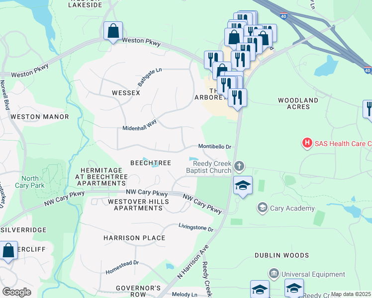 map of restaurants, bars, coffee shops, grocery stores, and more near 127 Montibello Dr in Cary
