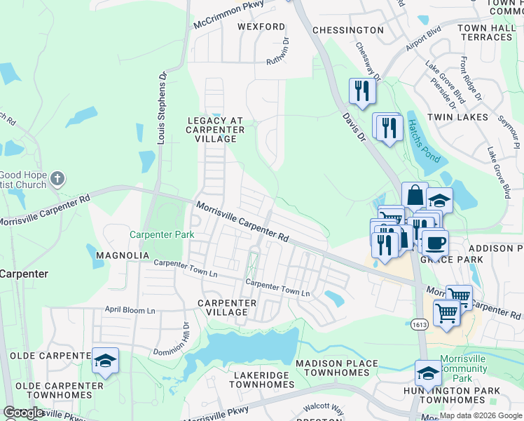 map of restaurants, bars, coffee shops, grocery stores, and more near 700 Revere Crossing Lane in Cary
