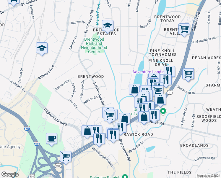 map of restaurants, bars, coffee shops, grocery stores, and more near 3100 Crandon Lane in Raleigh