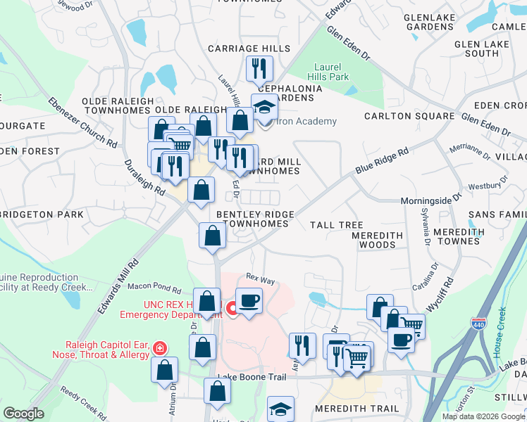 map of restaurants, bars, coffee shops, grocery stores, and more near 3905 Bentley Bridge Road in Raleigh
