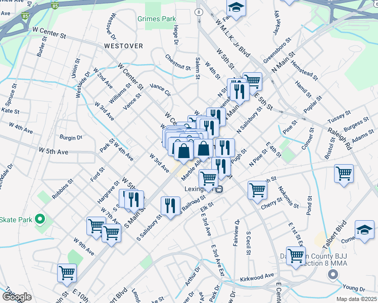 map of restaurants, bars, coffee shops, grocery stores, and more near 120 South Main Street in Lexington