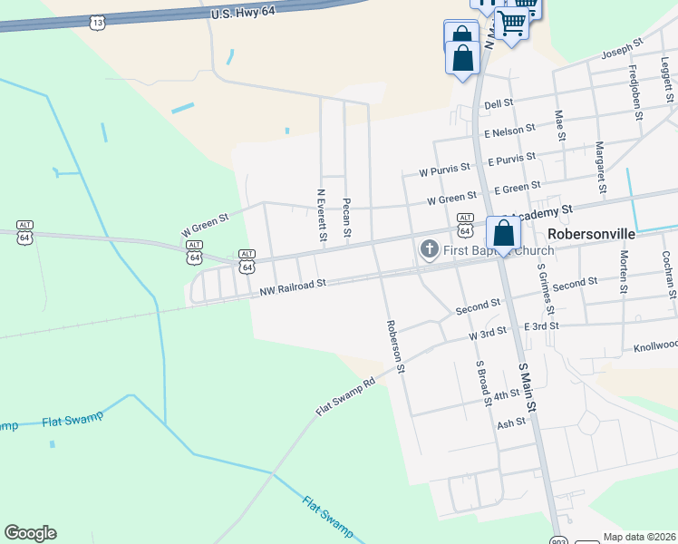 map of restaurants, bars, coffee shops, grocery stores, and more near 401-499 SW Railroad St in Robersonville