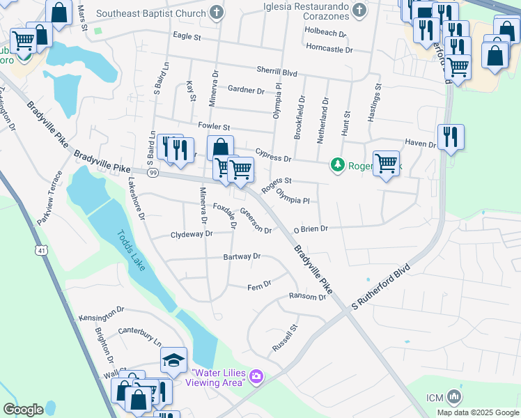 map of restaurants, bars, coffee shops, grocery stores, and more near 1926 Bradyville Pike in Murfreesboro