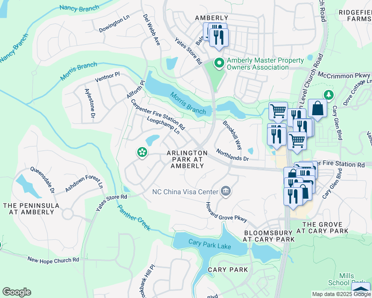 map of restaurants, bars, coffee shops, grocery stores, and more near 1021 Remington Oaks Circle in Cary