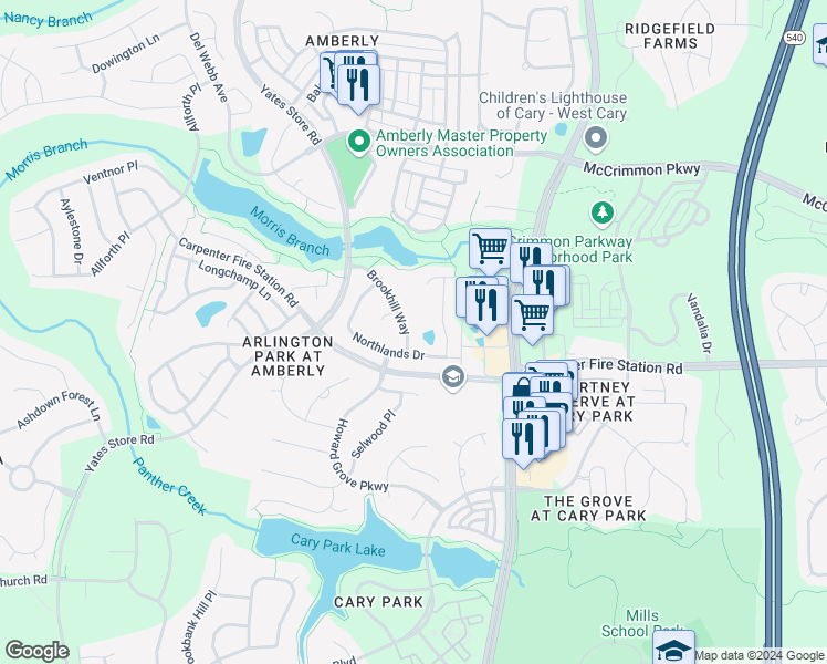map of restaurants, bars, coffee shops, grocery stores, and more near 1149 Brookhill Way in Cary