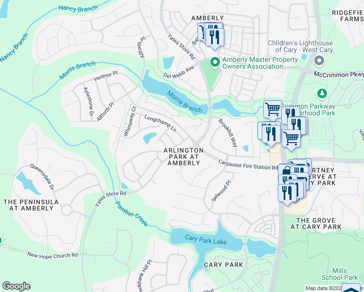map of restaurants, bars, coffee shops, grocery stores, and more near 1021 Remington Oaks Circle in Cary