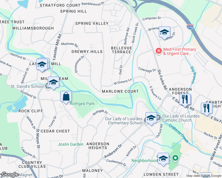 map of restaurants, bars, coffee shops, grocery stores, and more near 312n West Drewry Lane in Raleigh