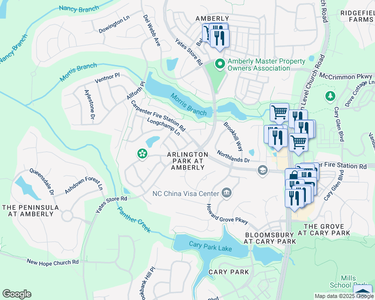 map of restaurants, bars, coffee shops, grocery stores, and more near 1019 Remington Oaks Circle in Cary