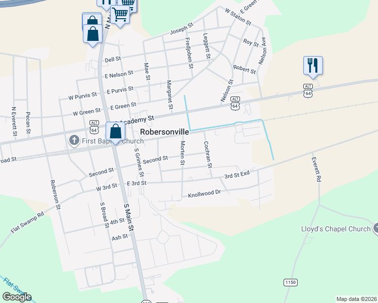 map of restaurants, bars, coffee shops, grocery stores, and more near 102 Morten Street in Robersonville