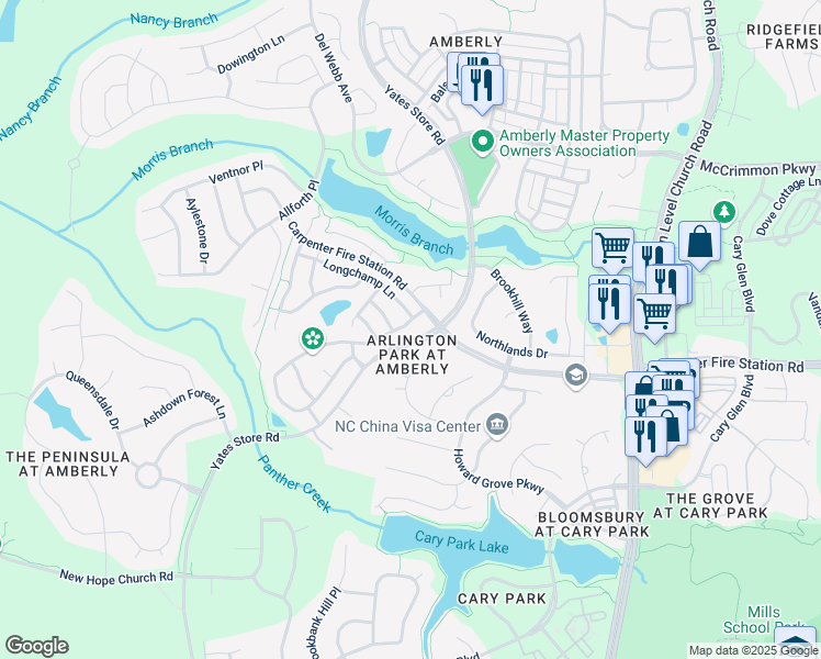 map of restaurants, bars, coffee shops, grocery stores, and more near 1019 Remington Oaks Circle in Cary