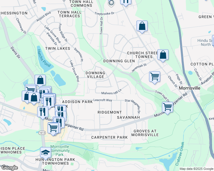 map of restaurants, bars, coffee shops, grocery stores, and more near 921 Shining Wire Way in Morrisville