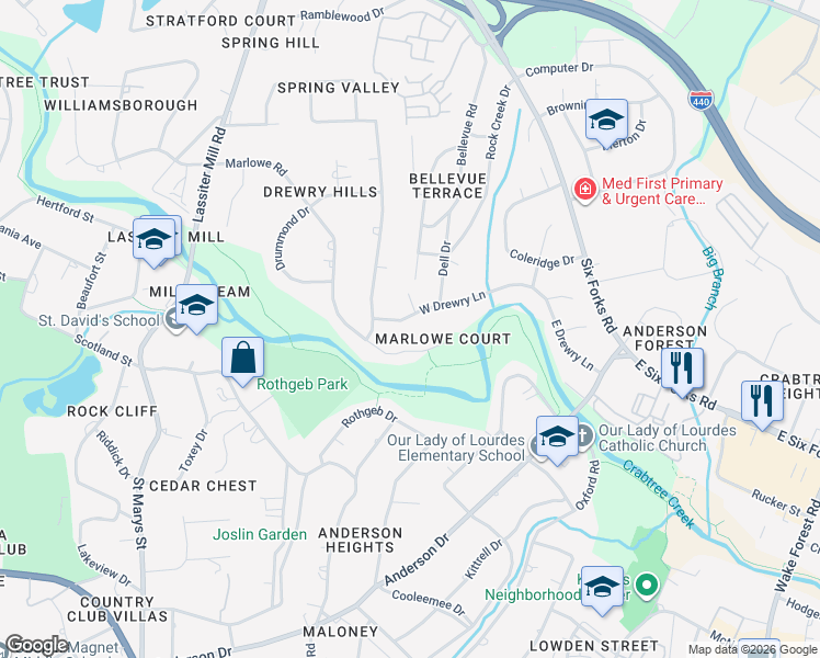 map of restaurants, bars, coffee shops, grocery stores, and more near 312n West Drewry Lane in Raleigh