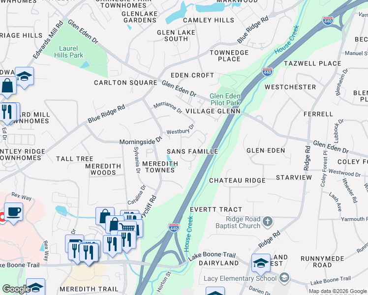 map of restaurants, bars, coffee shops, grocery stores, and more near 3017 Rue Sans Famille in Raleigh
