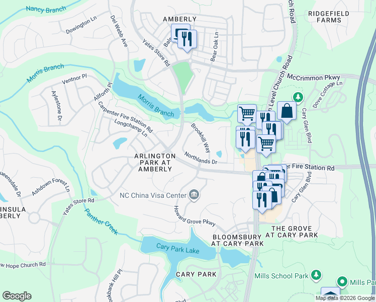 map of restaurants, bars, coffee shops, grocery stores, and more near 220 Northlands Drive in Cary